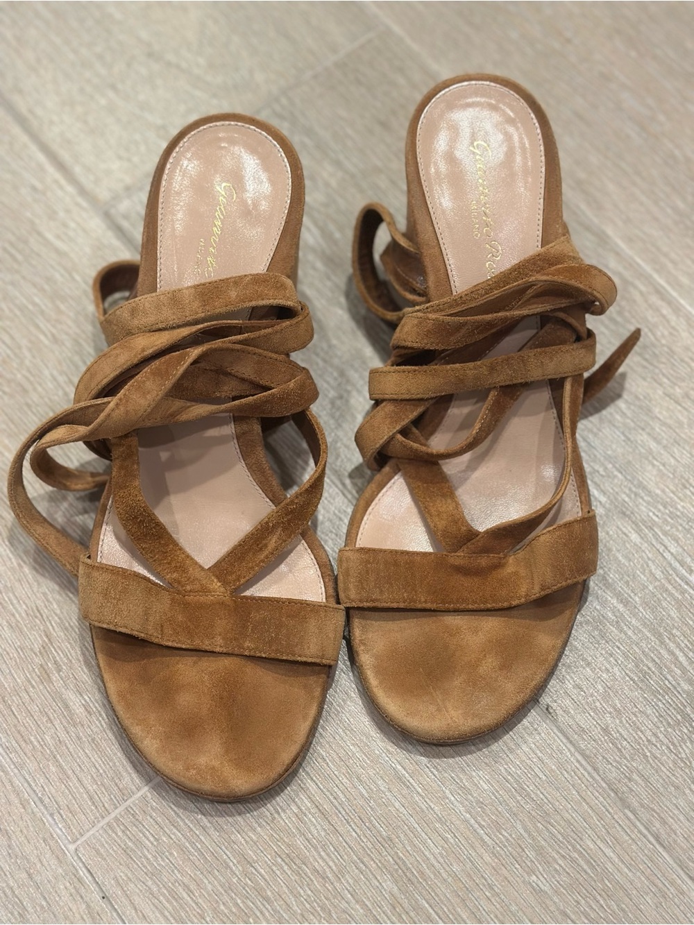 Gianvito Rossi Tan Suede Wrap-Strap Mules